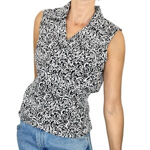 Vintage 90s Y2K Canadian made black white damask print sleeveless wrap top M